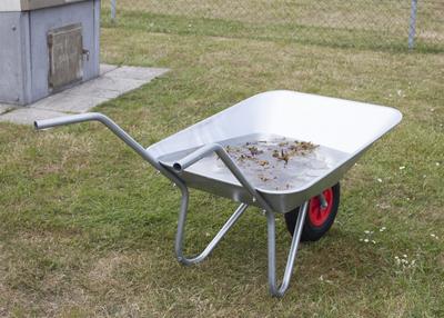 Cecilie Skov, Pool, 2018. Aluminium cast oysters, salt water, seaweed, solar pump, wheel barrows.  