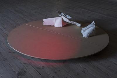 Rehearsal, 2016. Prop flowers from The Royal Theatre, plaster, spotlight, revolving stage in MDF. Photo: David Stjernholm.  
