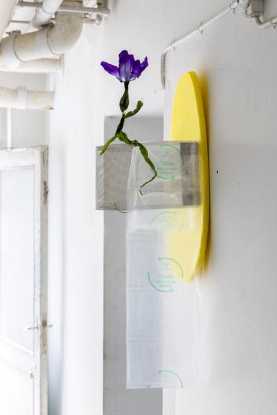Filter, 2022. Steel, foam, plastic, prop flower.
